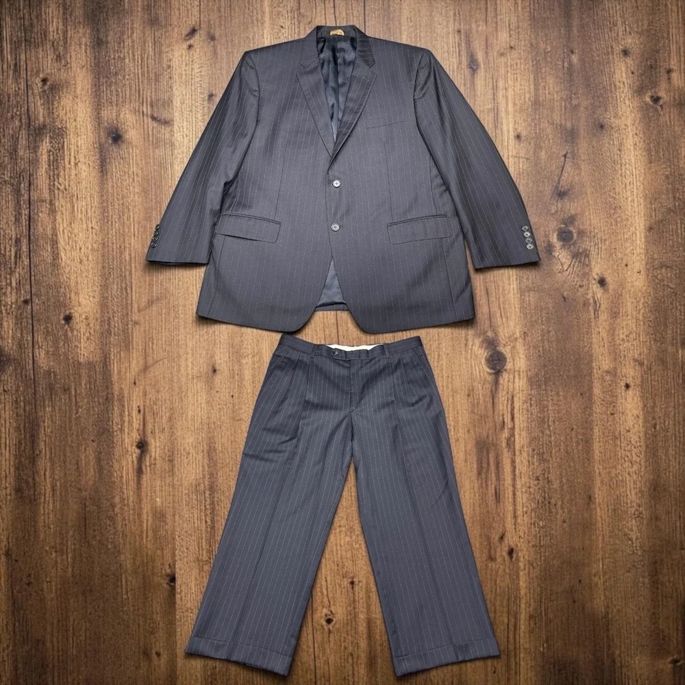 Jos A Bank Signature Gold Mens 46R 36x26 Pinstripe Wool 2 Pc Suit Dark Blue FLAW